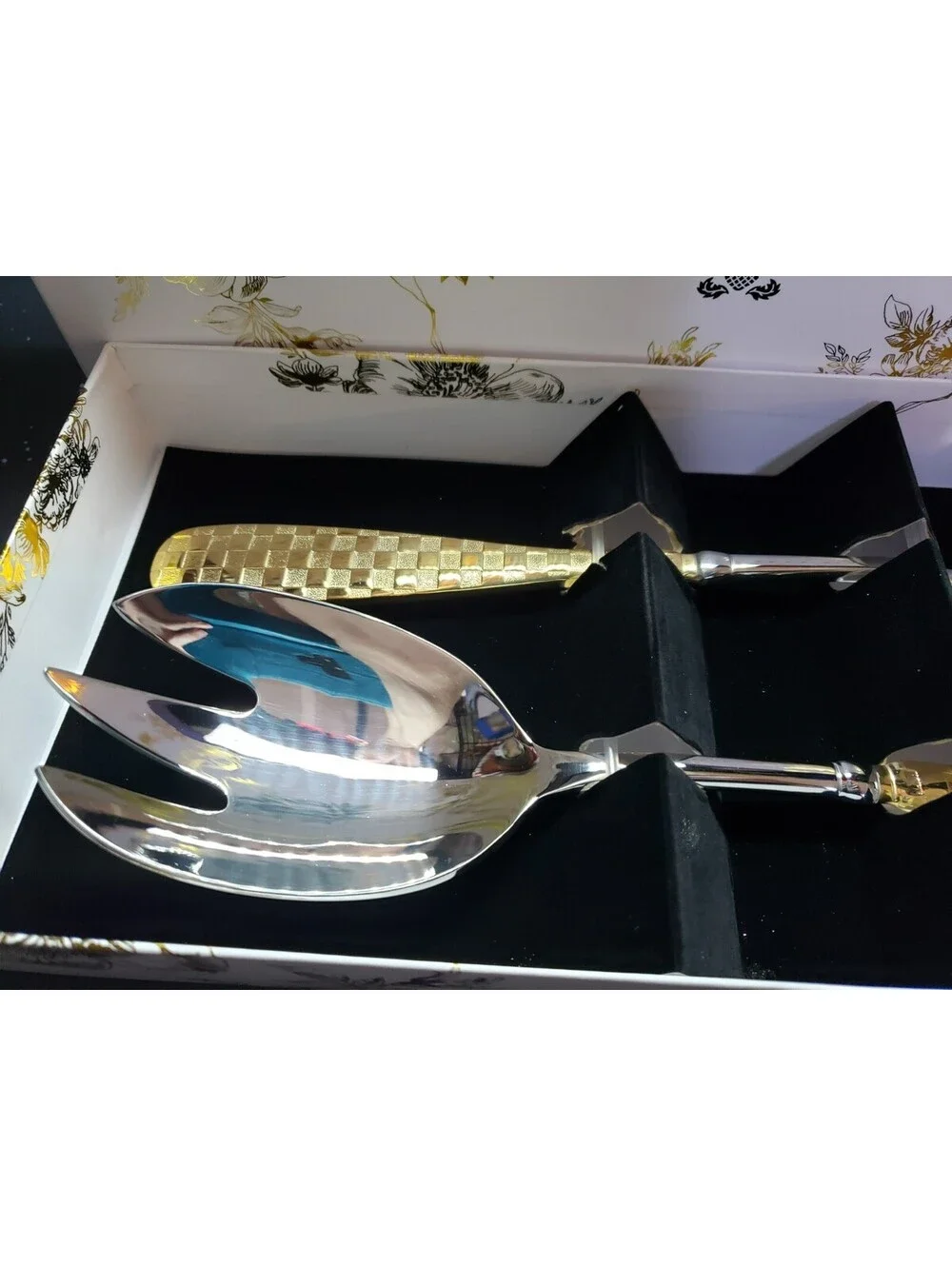 McKenzie Childs Gold Plated Salad Serving Set NEW IN BOX Check Pattern